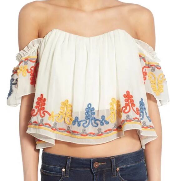 Tularosa Amelia Embellished Off Shoulder Crop Top floral size small ivory - Picture 1 of 11